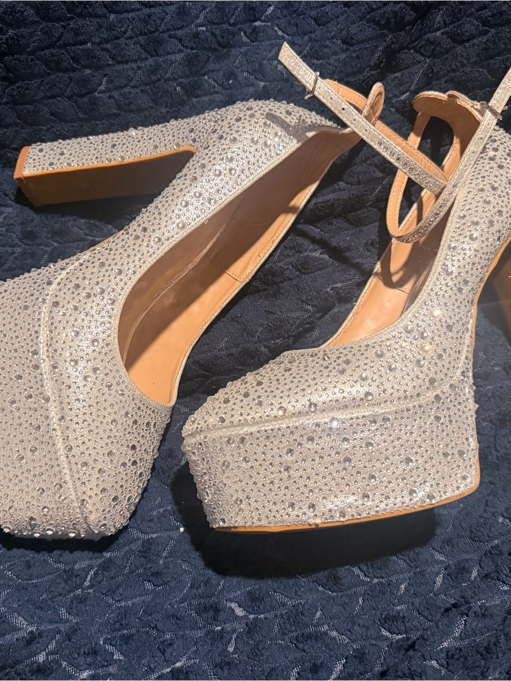 Anne Michelle Champagne Rhinestone Platform Block Heels with Ankle Strap
